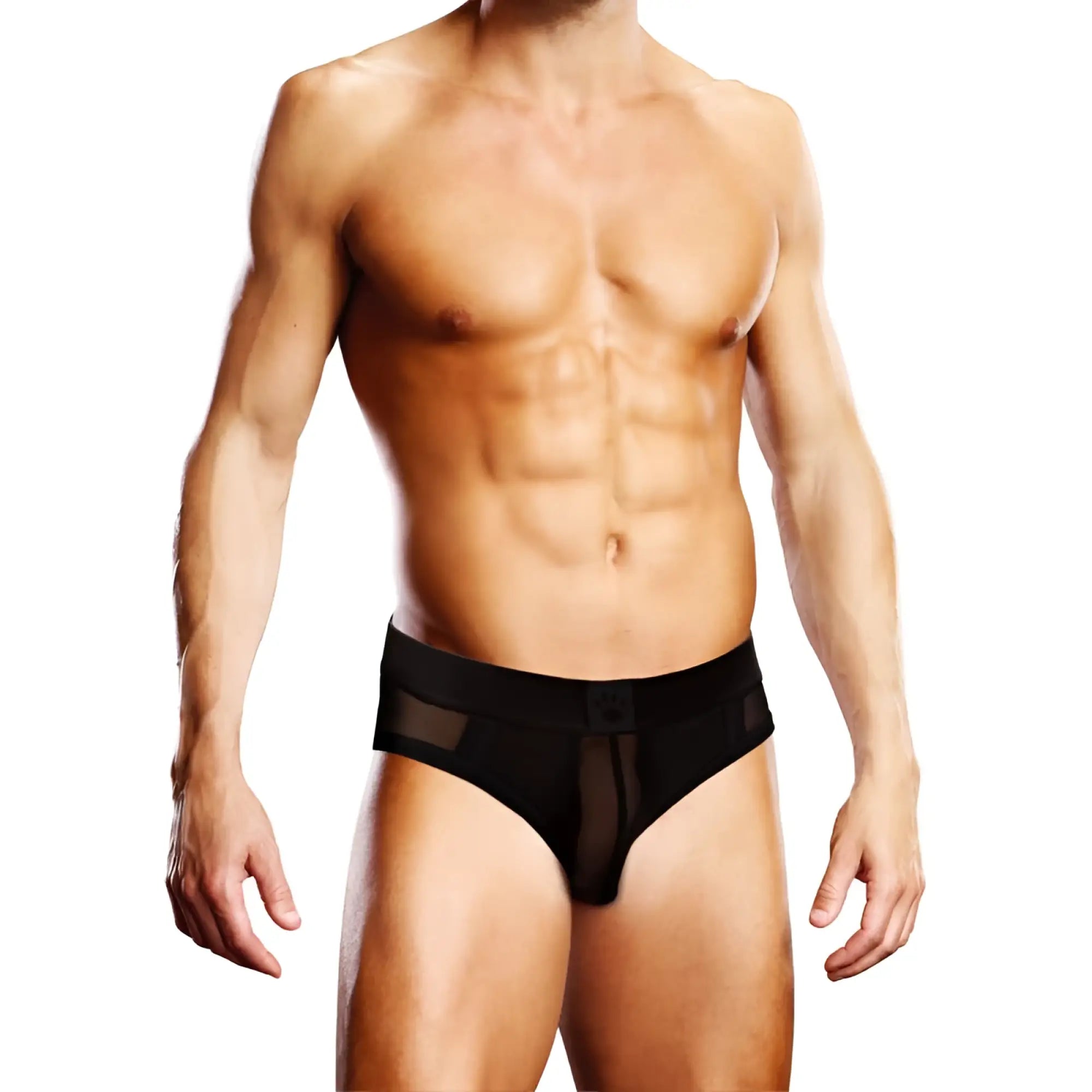 Black mesh briefs with solid waistband and subtle branding on front prowler prowler mesh open back brief black l