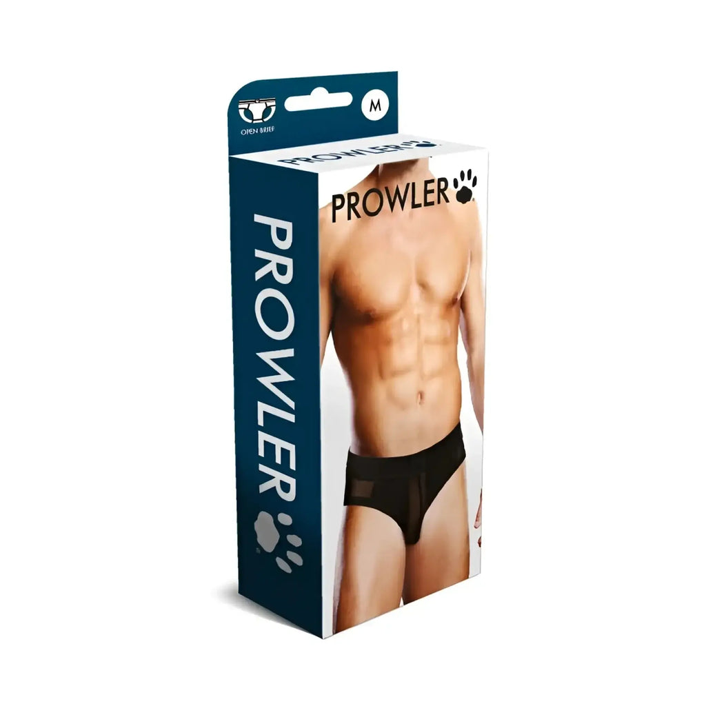 Black prowler mesh open back briefs in branded retail box designed for comfortable everyday wear in size medium