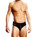 Black mesh briefs with a solid waistband and subtle branding on the front from prowler prowler mesh open back brief black s