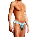 Light blue and white striped prowler miami jock briefs with paw print logo and cityscape design on front