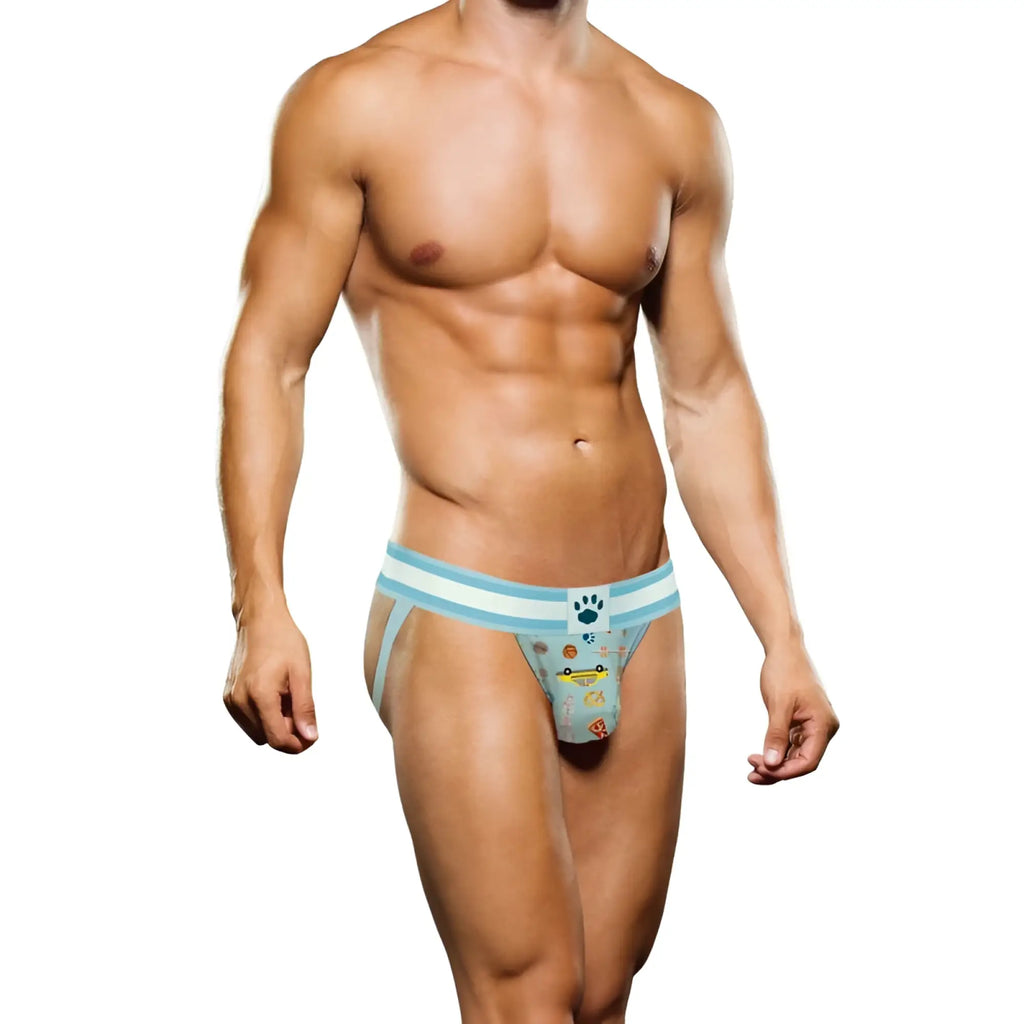 Light blue and white striped prowler nyc jock m jockstrap with playful car and ice cream print on front panel