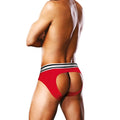 Red prowler open back brief with white and black striped waistband designed for athletic use