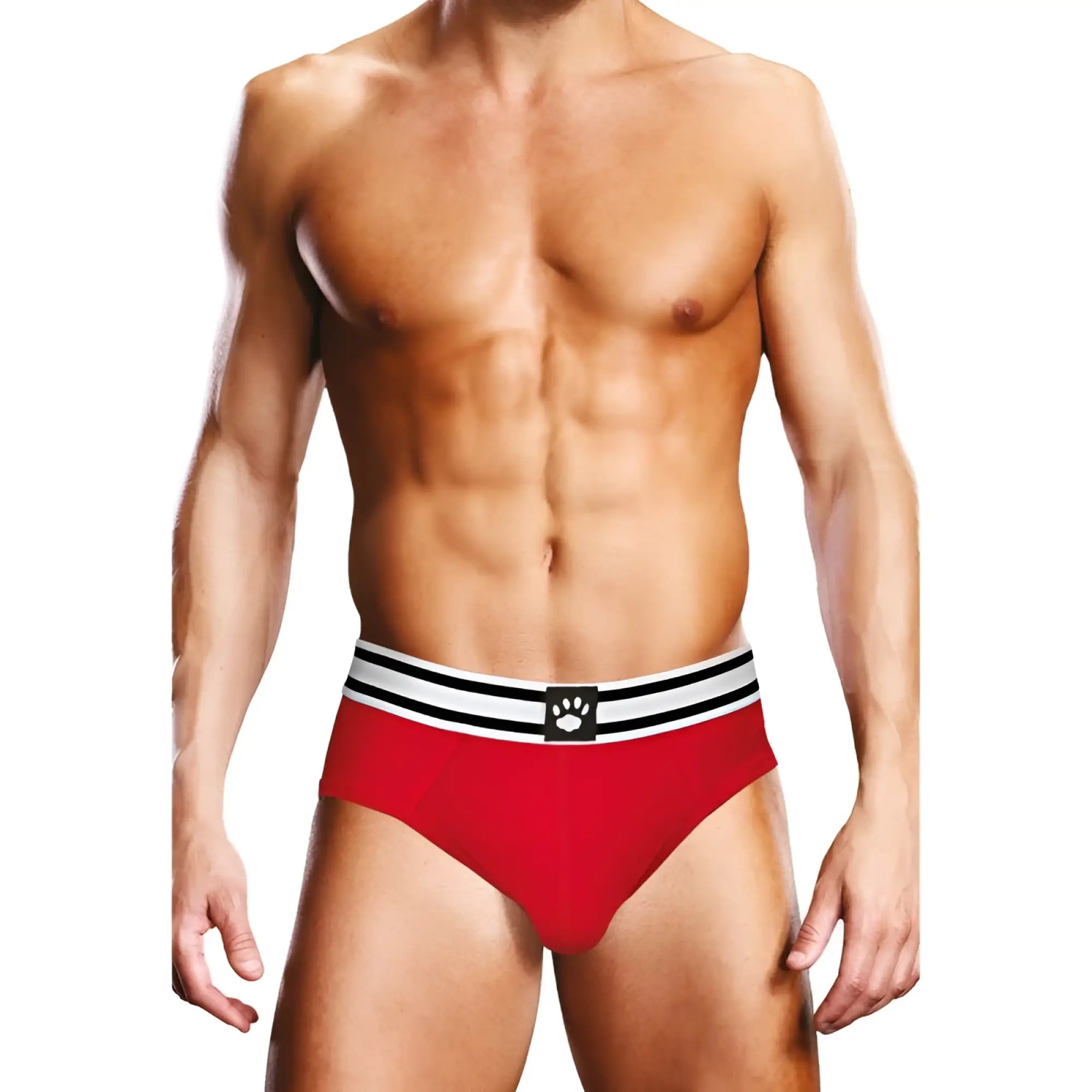 Red prowler open back brief with a white and black striped waistband featuring a paw print logo in size large
