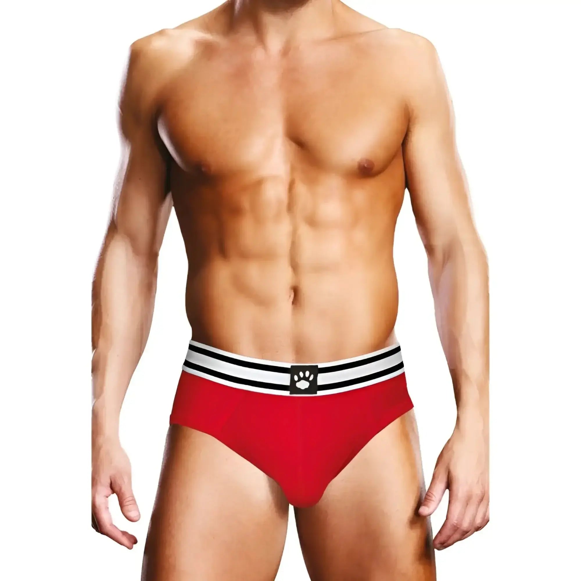 Red prowler open back brief with white and black striped waistband and paw print logo in size medium