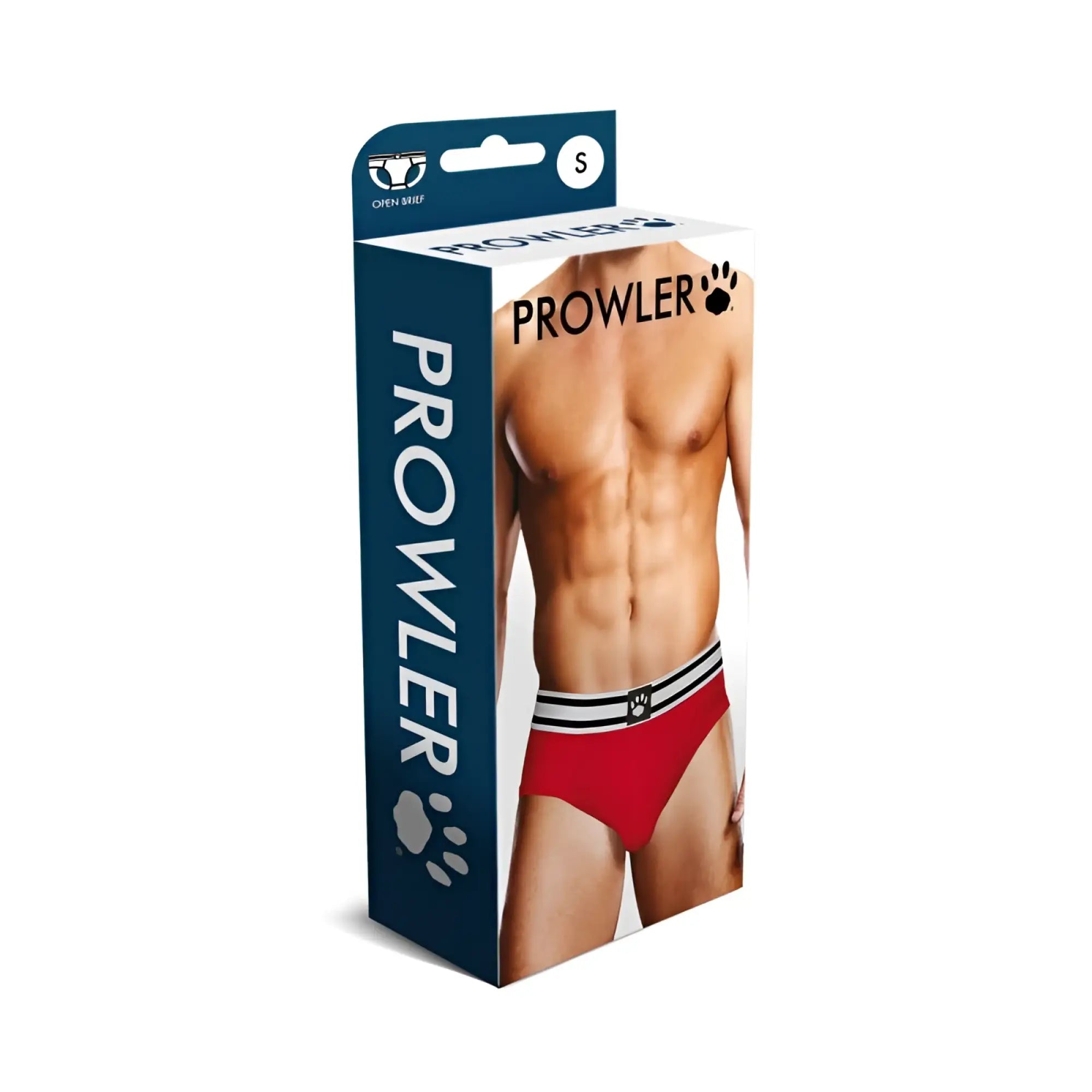 Red prowler men’s open back briefs in red with a black and white striped waistband showing the back side