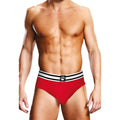 Red prowler open back brief with white and black striped waistband and paw print logo in size small