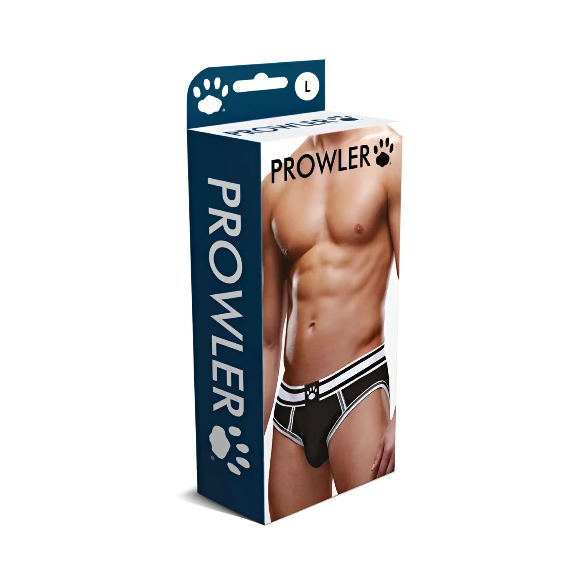 Black and white striped Prowler open back brief men’s underwear in packaging, size large