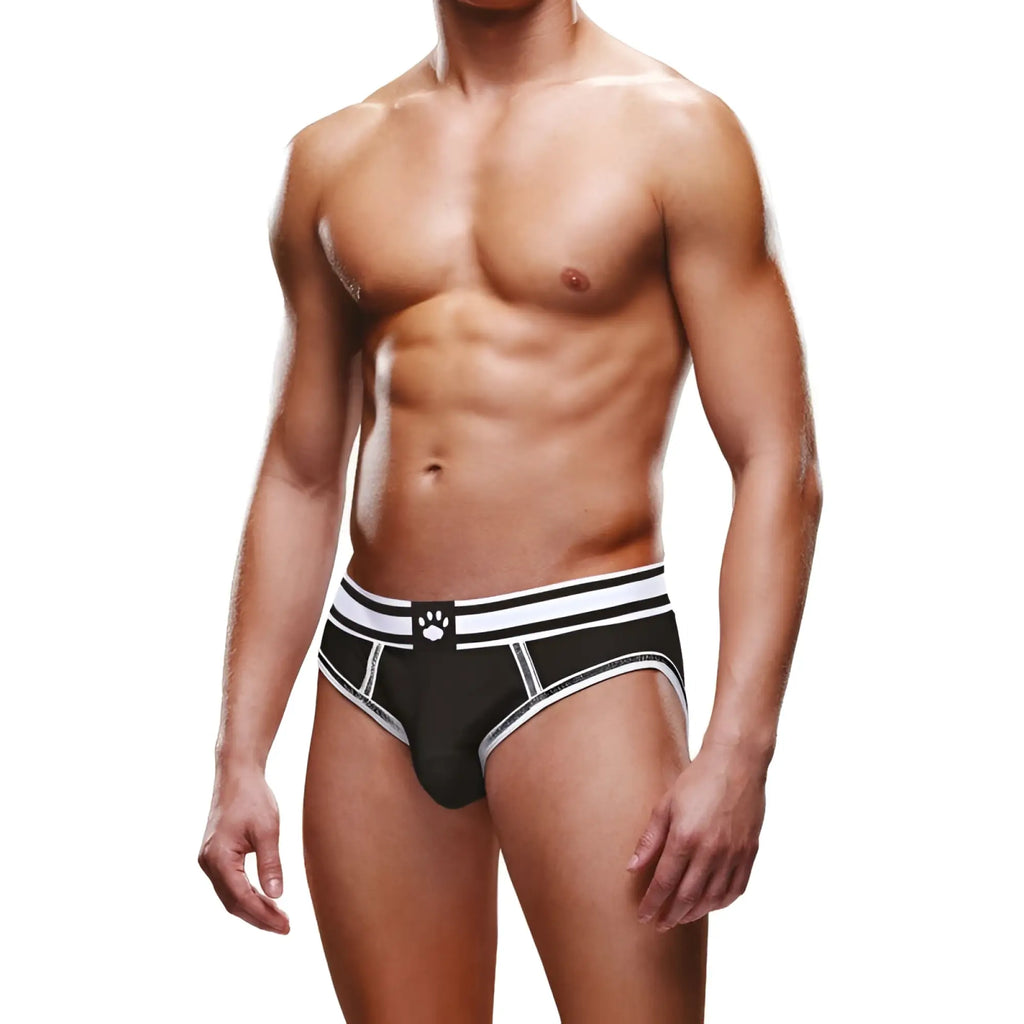 Black briefs with white stripes and a paw print logo on the waistband showing the back side of prowler open back brief white black l