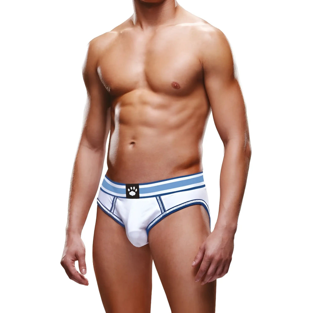 White prowler open back briefs with blue stripes and black paw print logo on waistband
