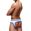 White and blue striped prowler open back brief xl showing cutout design on the back made for men