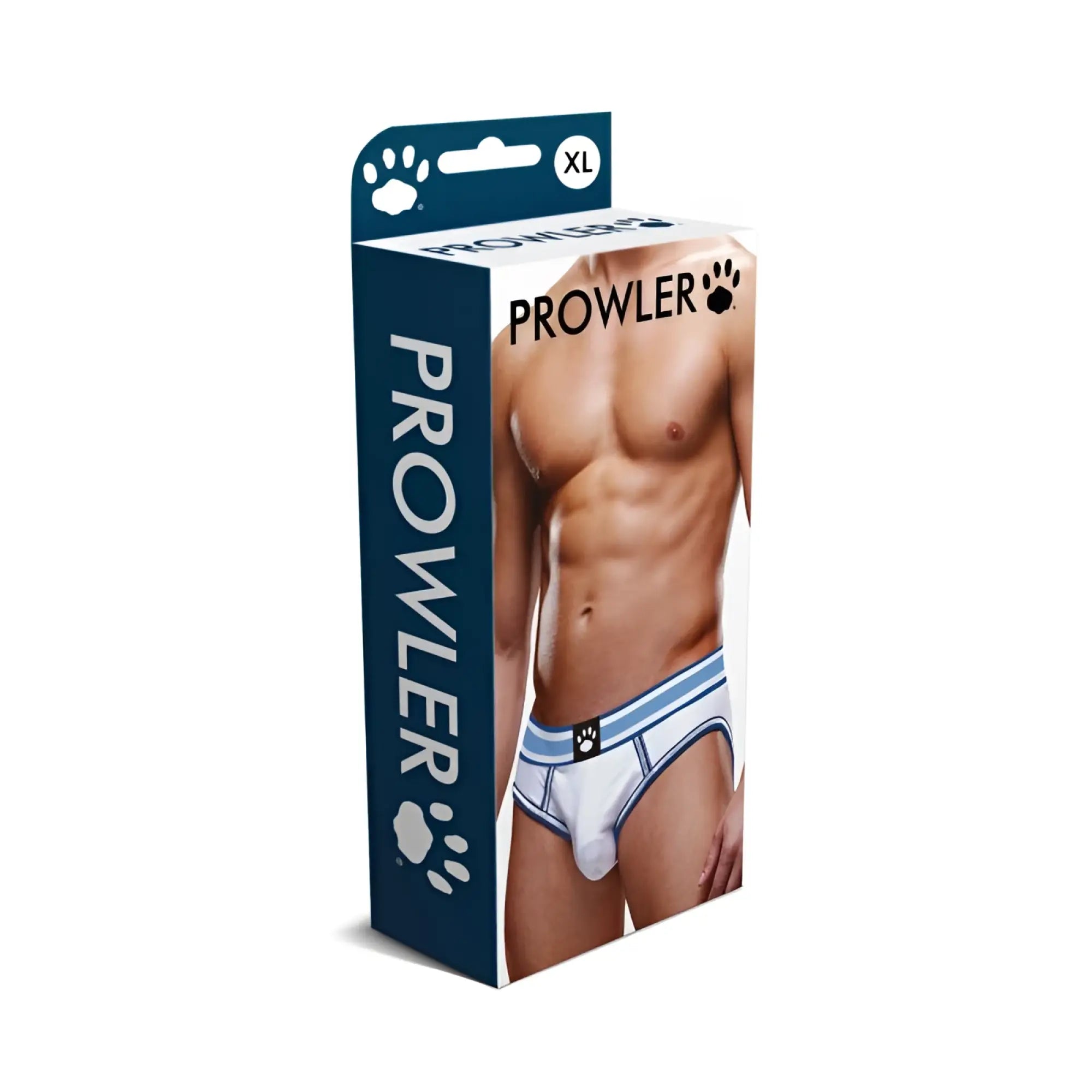 Prowler open back brief in white and light blue stripes for men in xl size showing the back side of the underwear