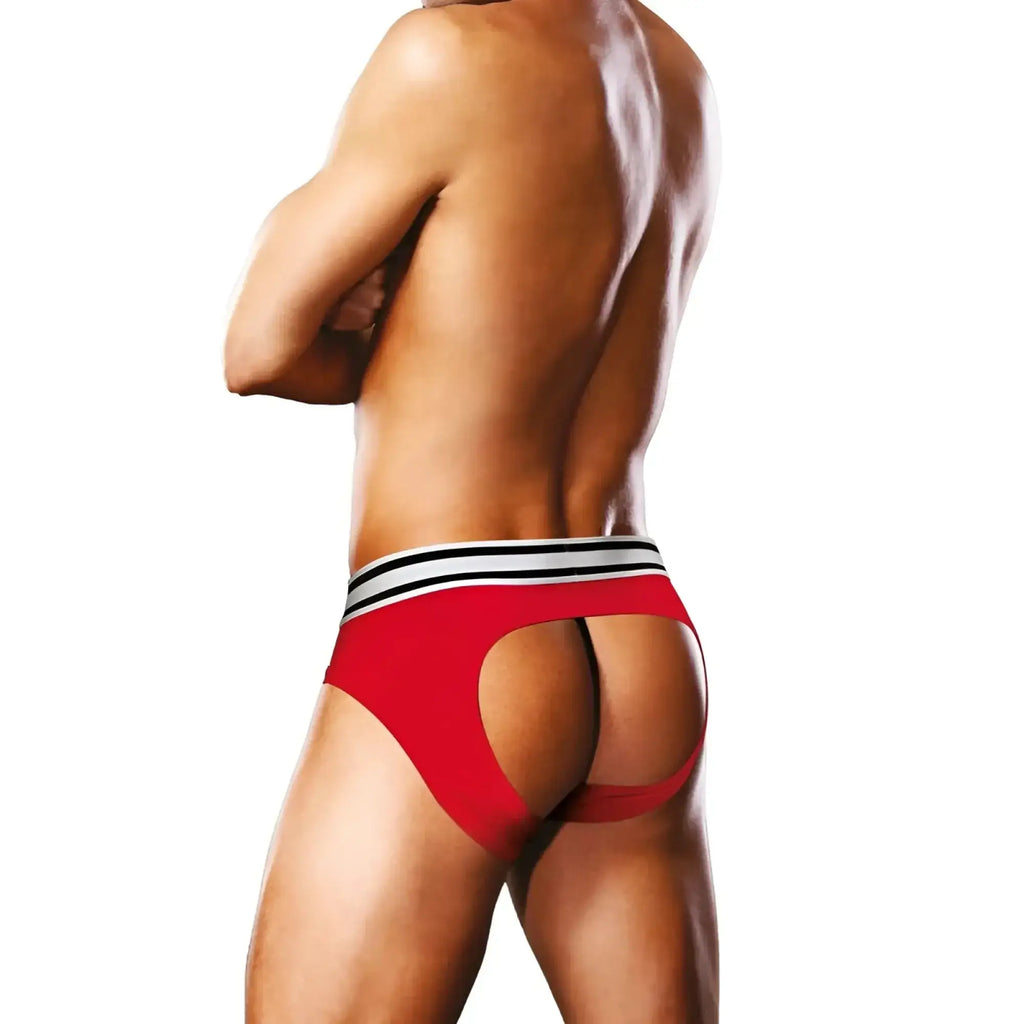 Red athletic briefs with white and black striped waistband showing the back in prowler open back brief white red s