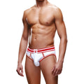 White briefs with red trim and paw print logo on waistband showing the back side in prowler open back brief style