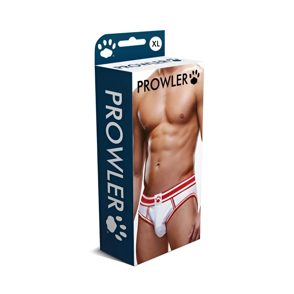 Prowler open back brief white and red men’s underwear in XL size shown in a box packaging