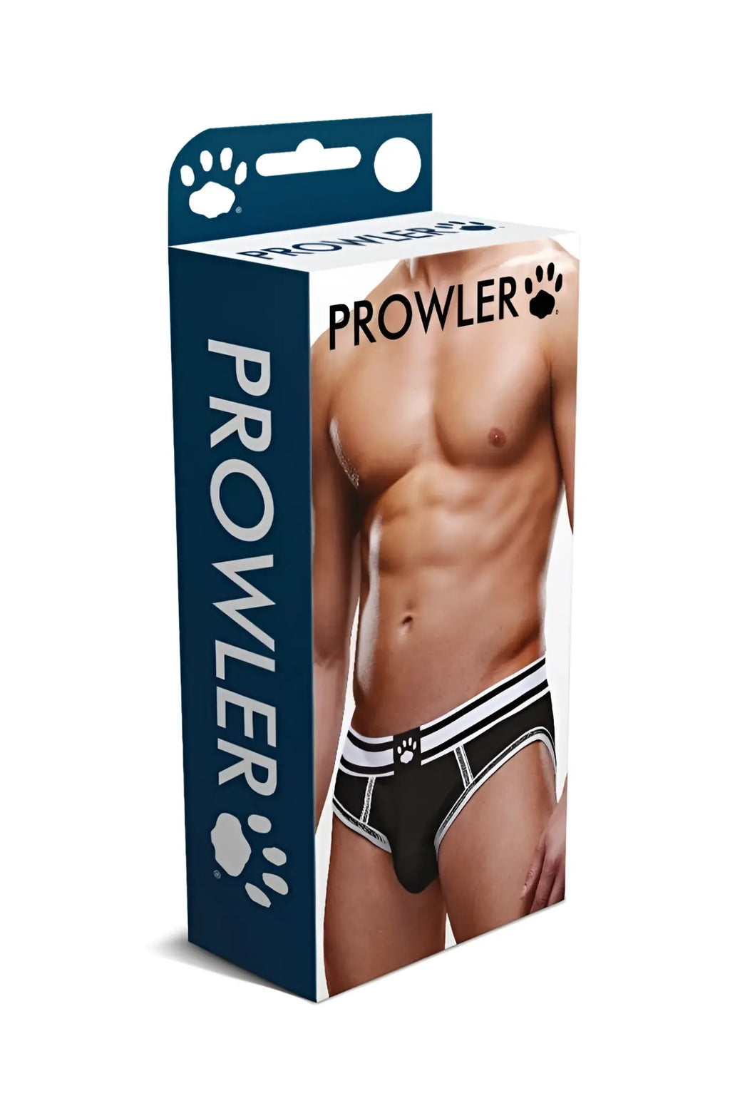 Black and white striped Prowler brand men’s open brief with paw print logo in size medium