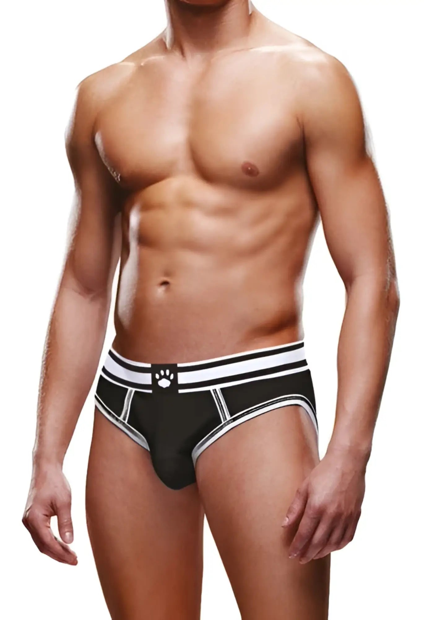 Black and white striped prowler prowler open brief with paw print logo on waistband in size medium