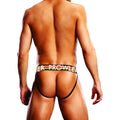 Rainbow-striped Prowler thong with black elastic bands shown from the back in Prowler oversized paw jock white L