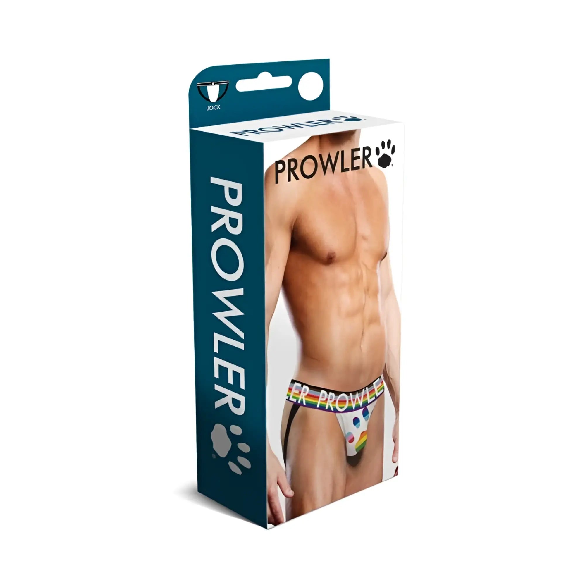Prowler oversized paw jock men’s underwear in white with rainbow waistband and colorful paint-splatter design