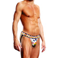 White men’s briefs with rainbow-striped waistband and colorful paw print pattern in prowler oversized paw jock white s