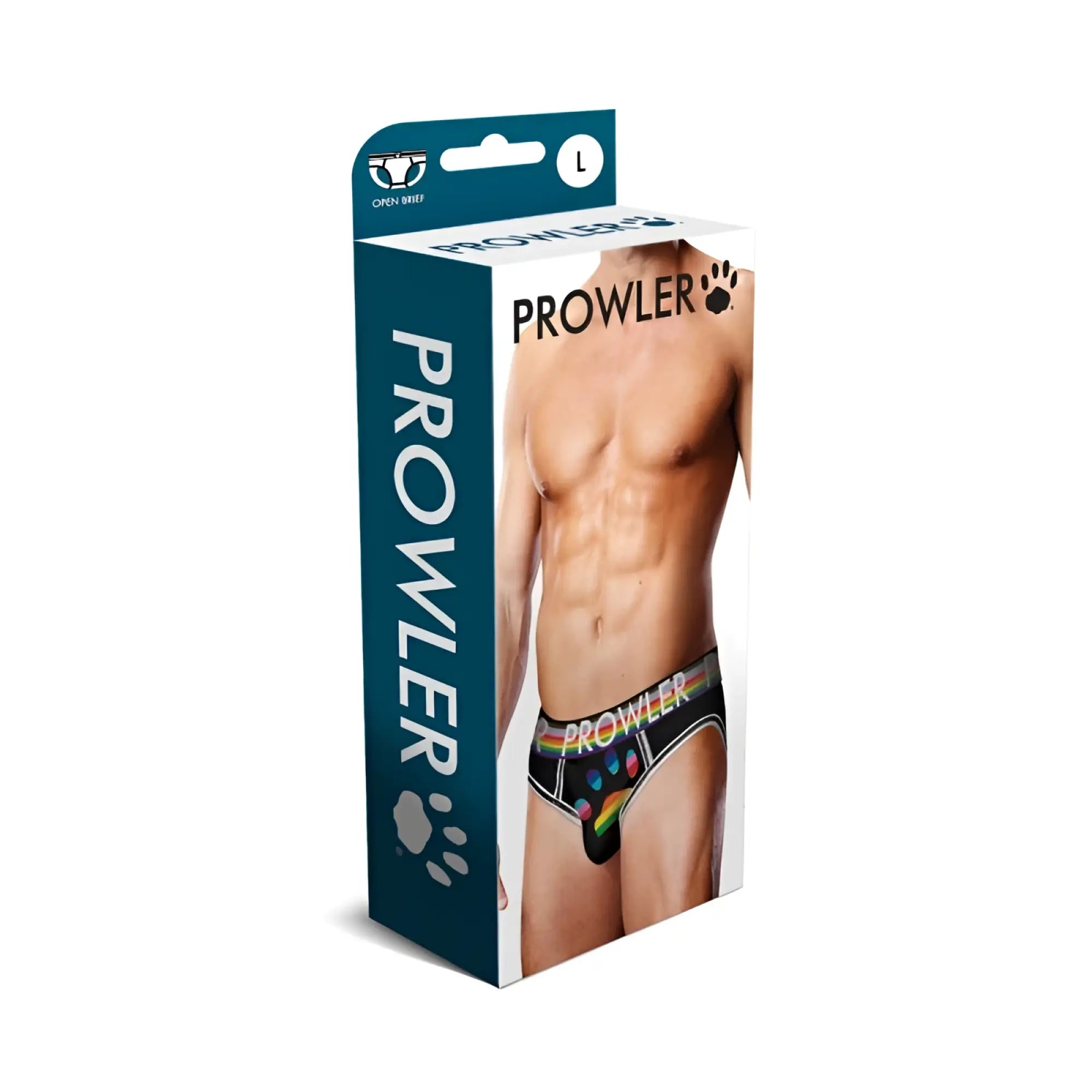 Prowler oversized paw open back brief in black with rainbow and colorful dot pattern for men