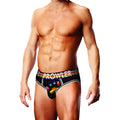Black prowler oversized paw open back brief in black with rainbow stripe and colorful paw print design on the back