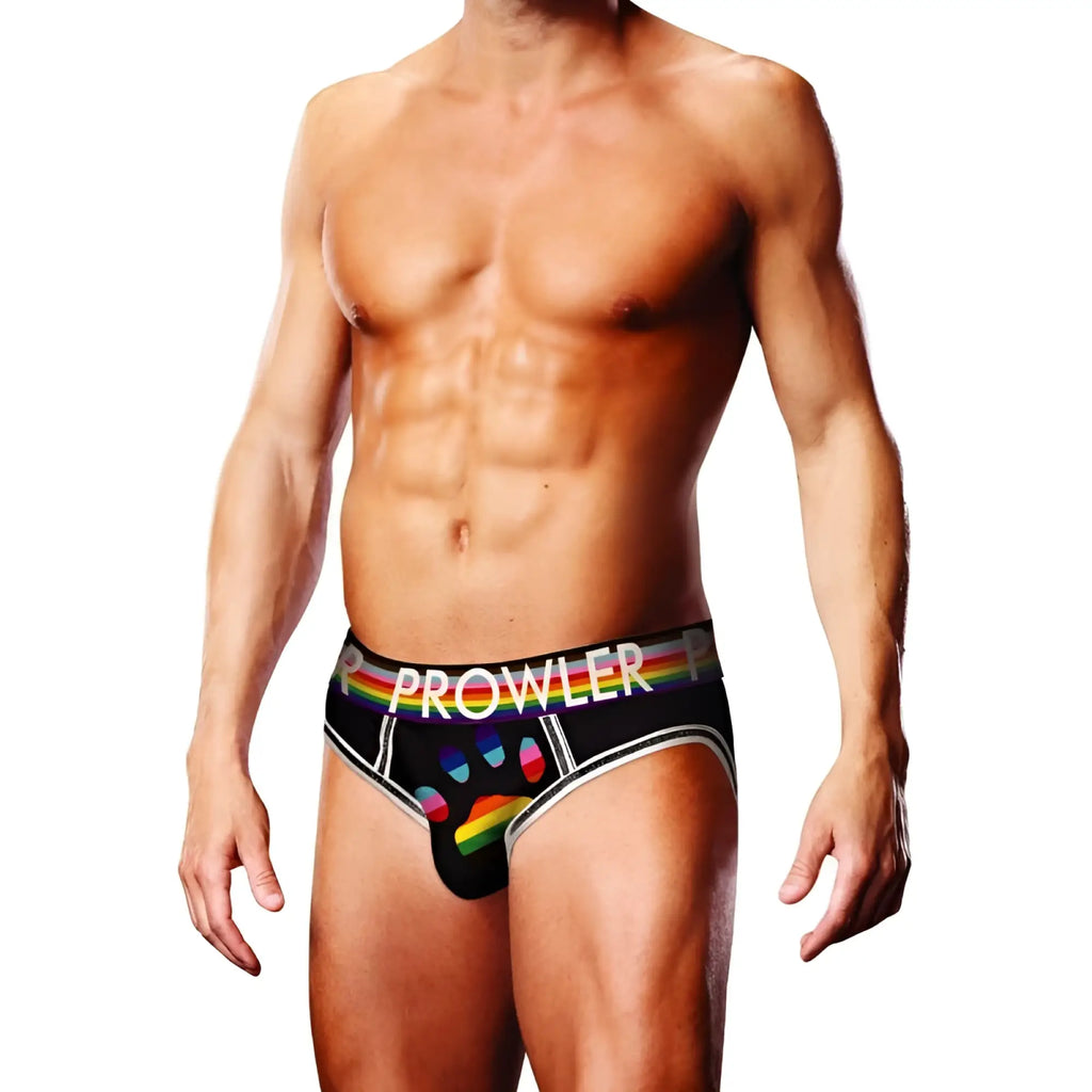 Black prowler oversized paw open back briefs in black with rainbow stripe and colorful paw print design xl back side