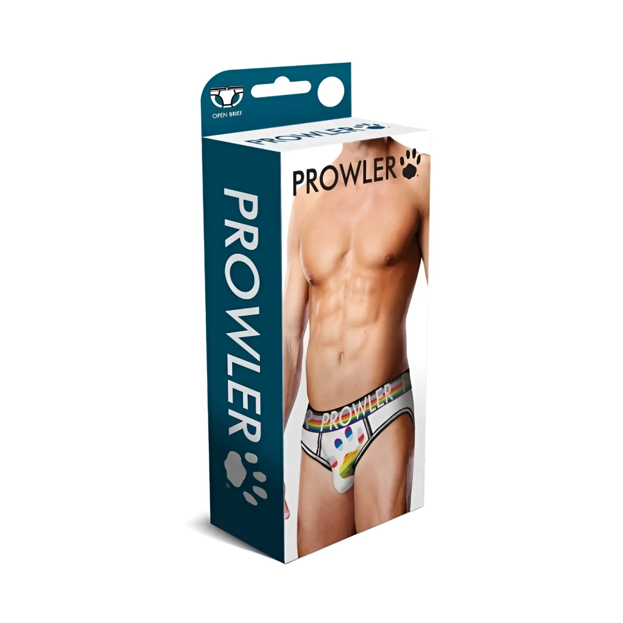 Prowler oversized paw open back brief white with rainbow elastic band and colorful polka dots front view
