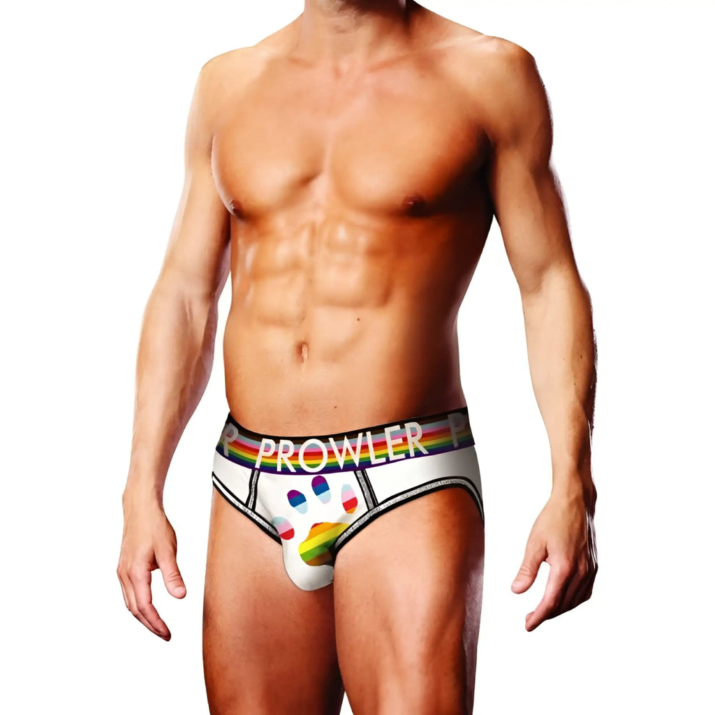 White prowler oversized paw open back briefs in xl featuring rainbow paw print and matching stripe trim