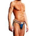 Blue men’s jockstrap with rainbow-striped waistband and colorful paw print label from prowler pixel art collection