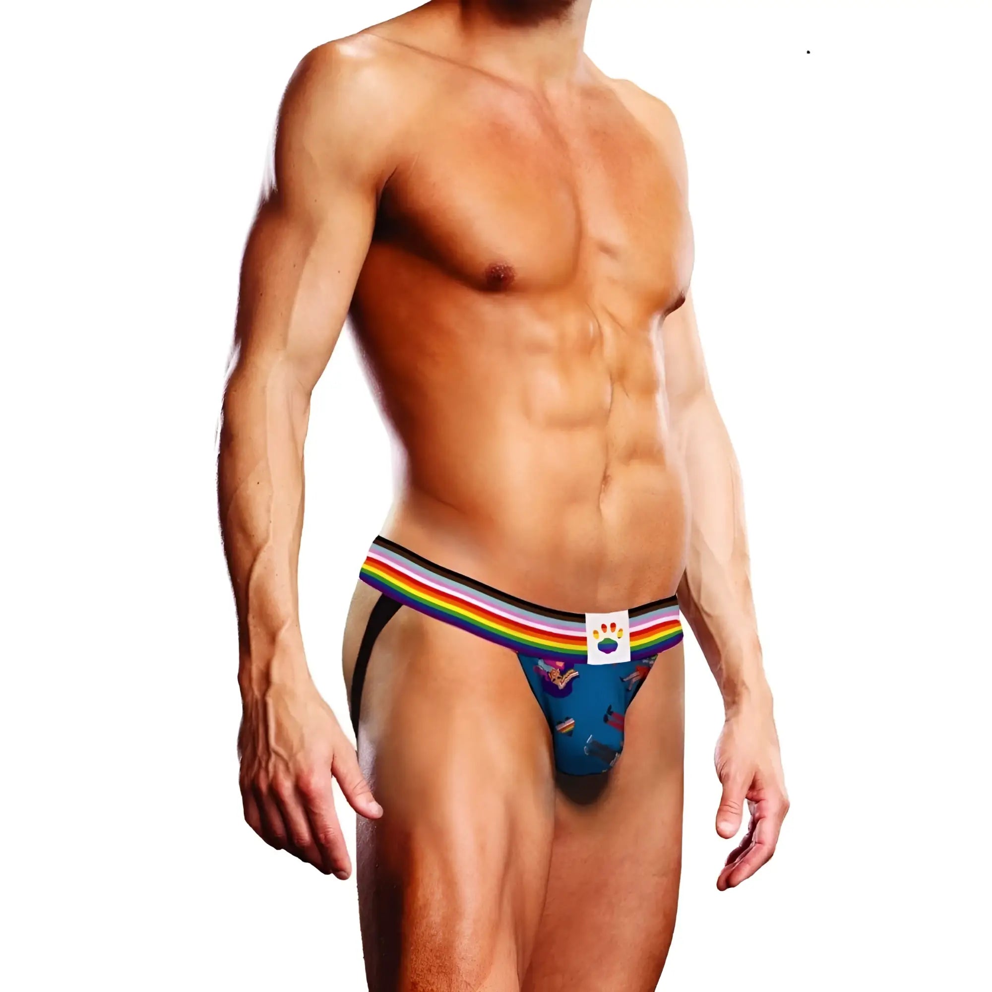 Blue men’s jockstrap with rainbow-striped waistband and white label featuring colorful paw print from prowler pixel art pride collection