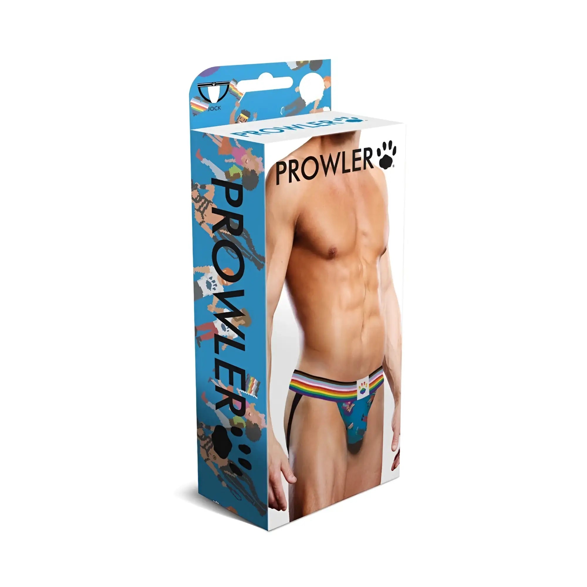 Prowler men’s blue briefs with rainbow-striped waistband and cartoon paw print design from Pixel Art Gay Pride collection xl