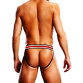 Black thong with red and white striped waistband showing back side featuring prowler puppie print jock l