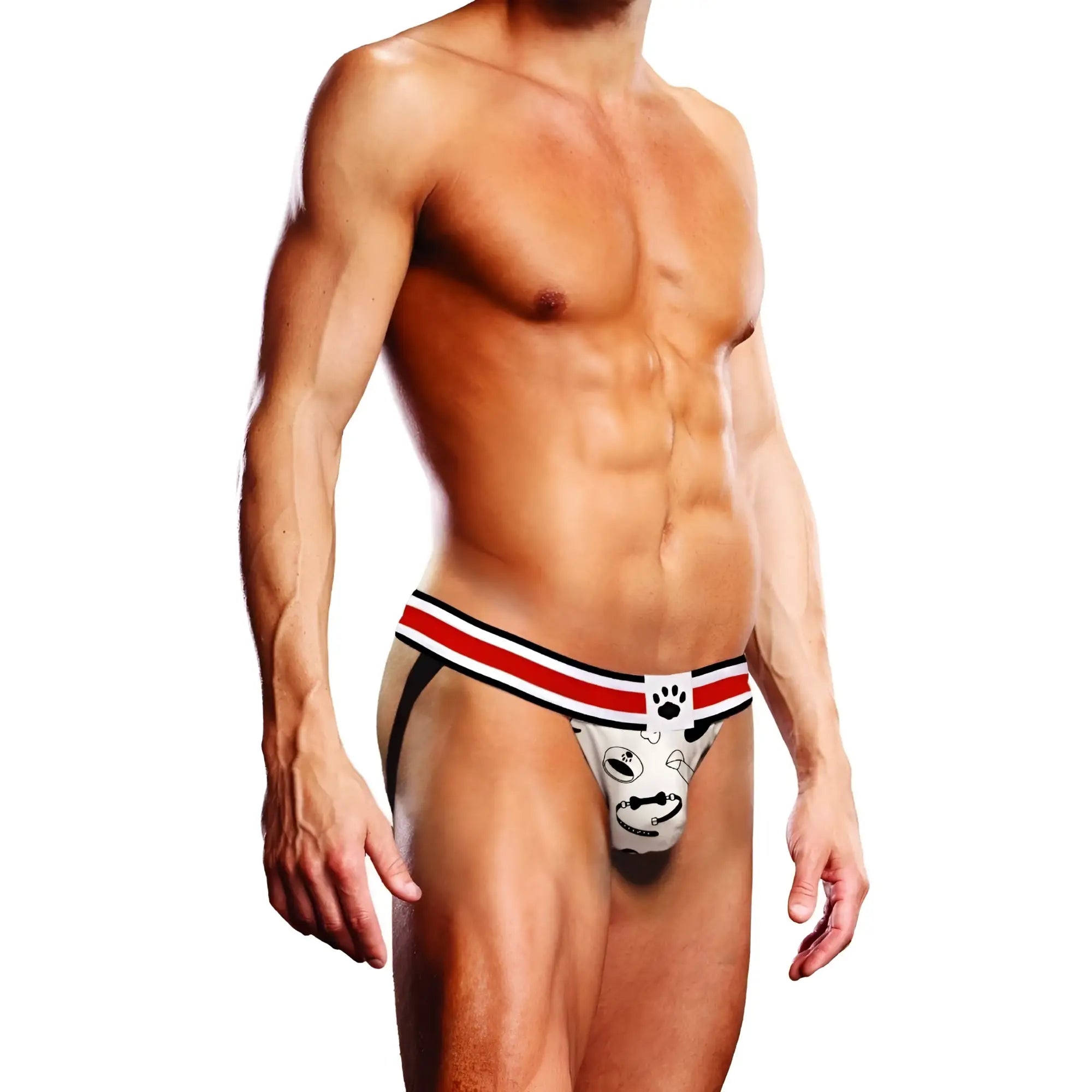 White briefs with red and black striped waistband featuring a cartoon dog face design from prowler puppie print jock l