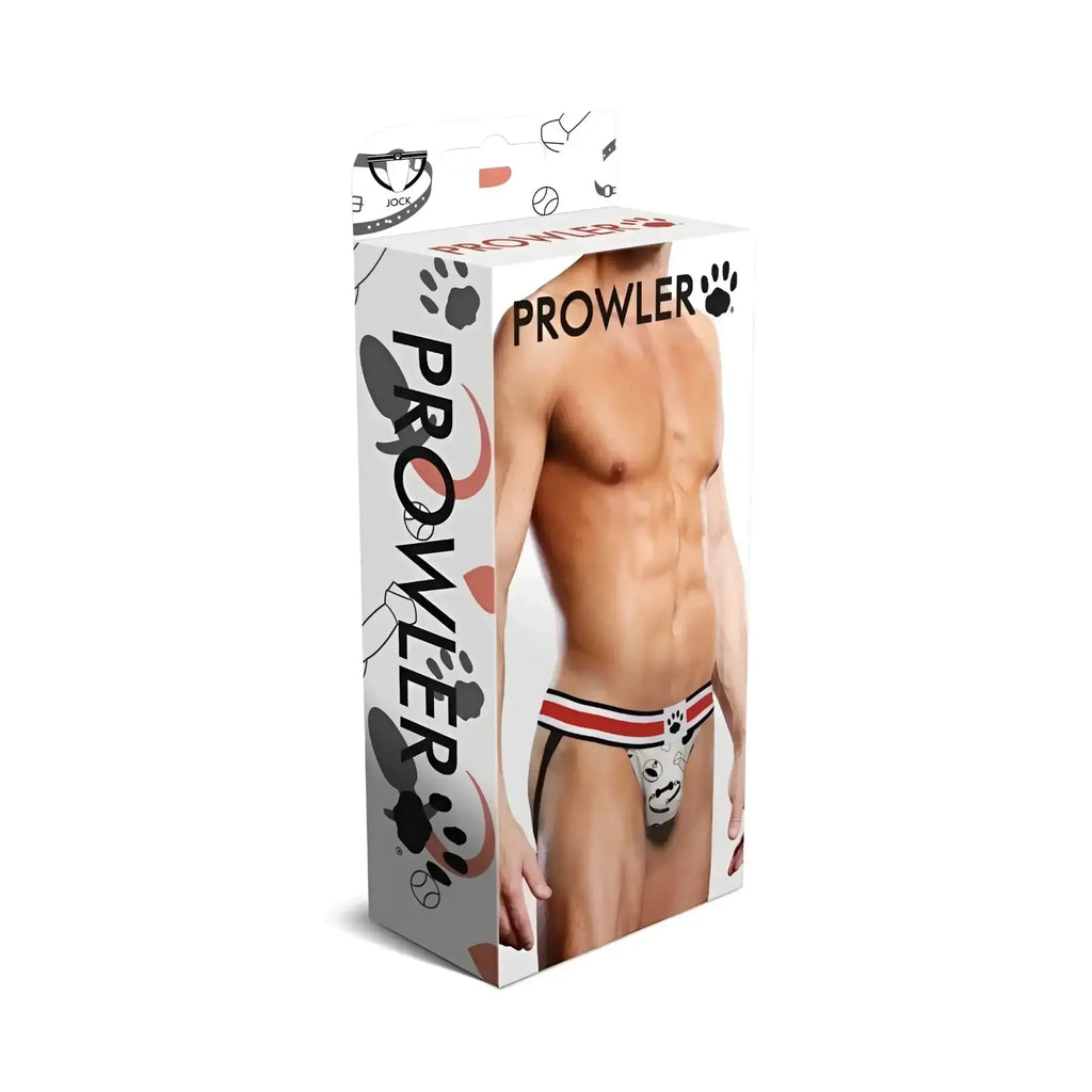 Prowler Prowler Puppie Print jock m white men’s briefs with red and black stripes and playful cartoon dog face design