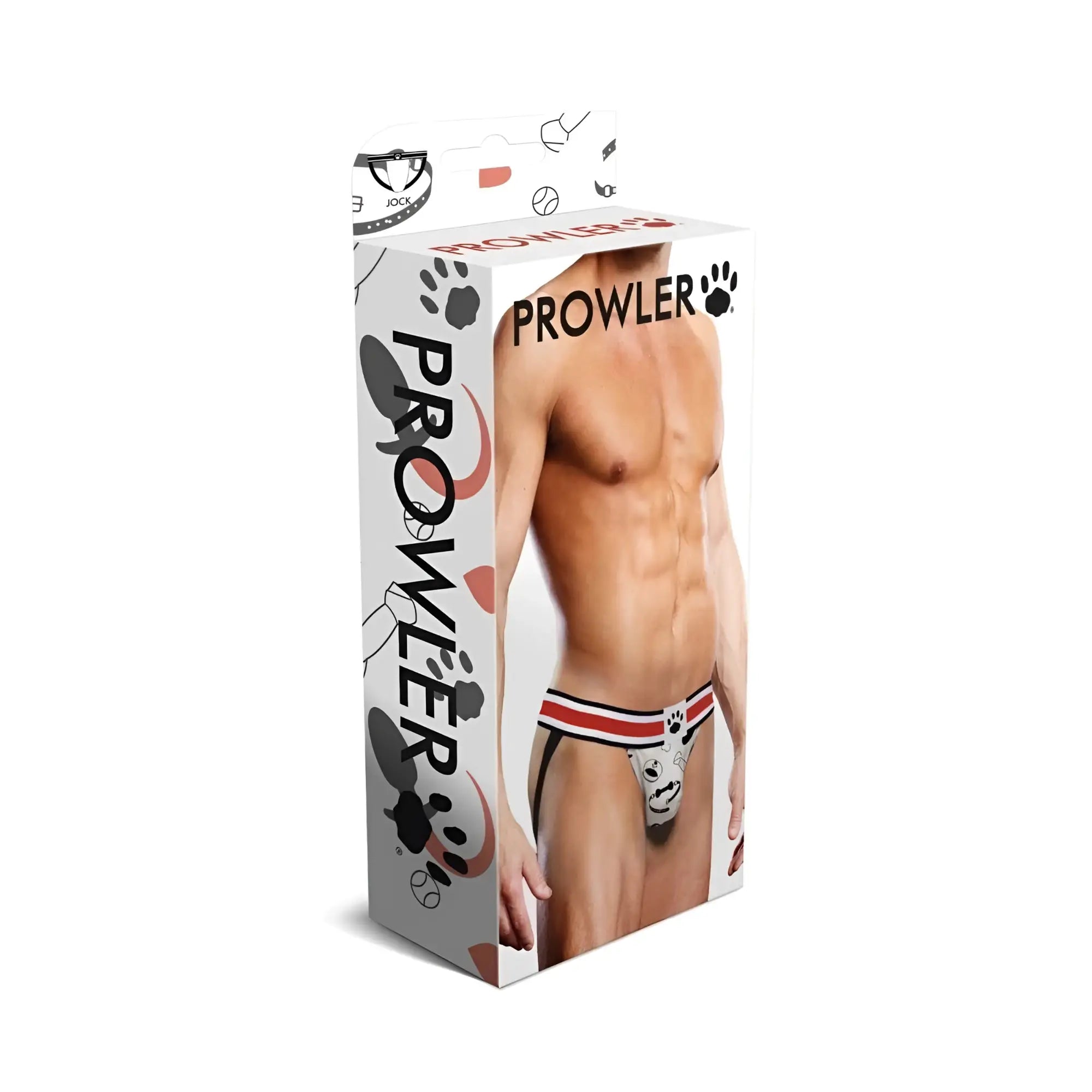 Prowler prowler puppie print men’s briefs with white base red and black stripes and playful cartoon dog face design