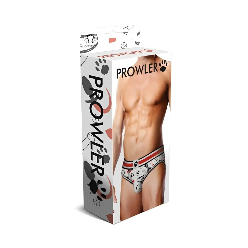 Prowler prowler puppie print open brief l in white with red and black paw prints men’s briefs front view