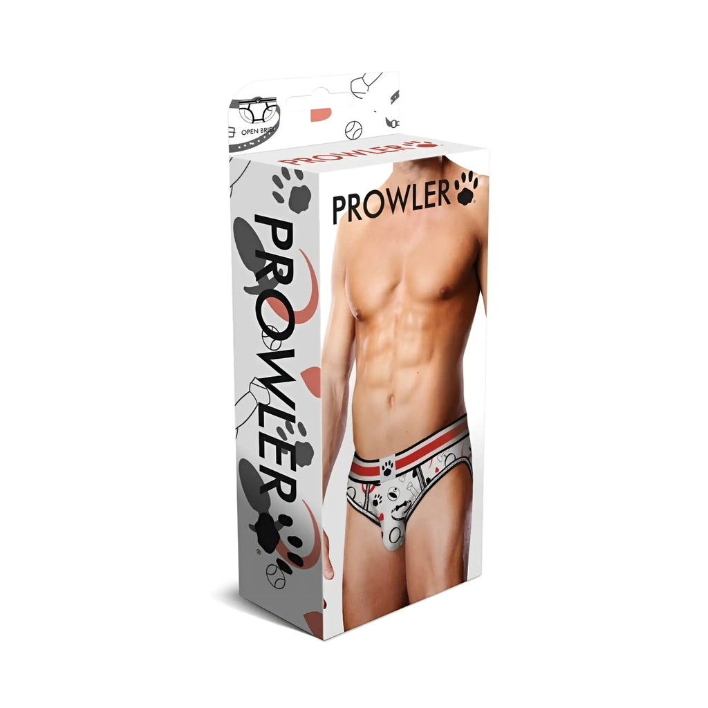 Prowler mens open briefs in white with red and black paw print pattern featuring breathable fabric for comfort
