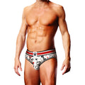 White men’s briefs with prowler puppie print featuring black paw prints bones hearts and red black striped waistband
