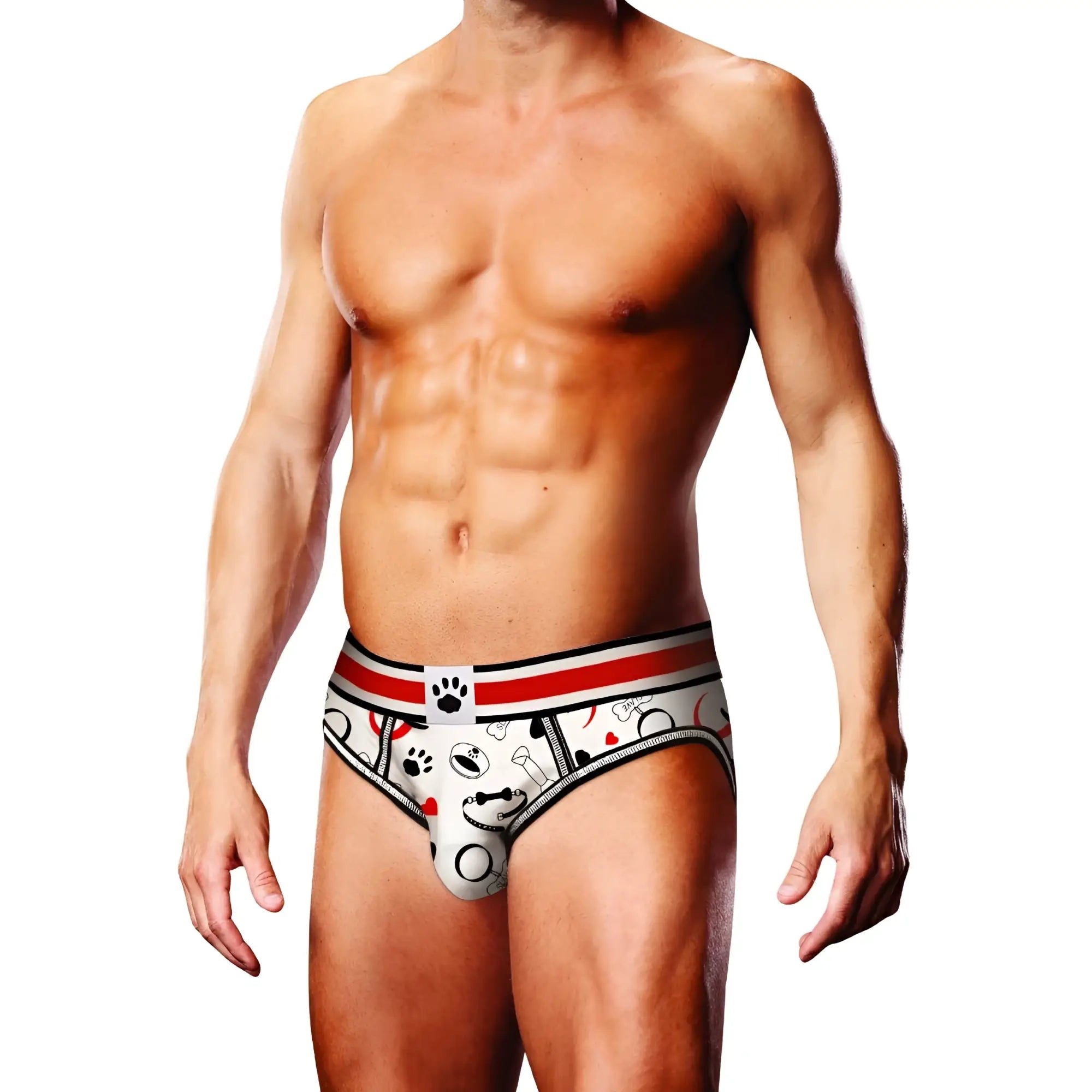 White men’s briefs with prowler puppie print featuring black paw prints bones hearts and red black striped waistband