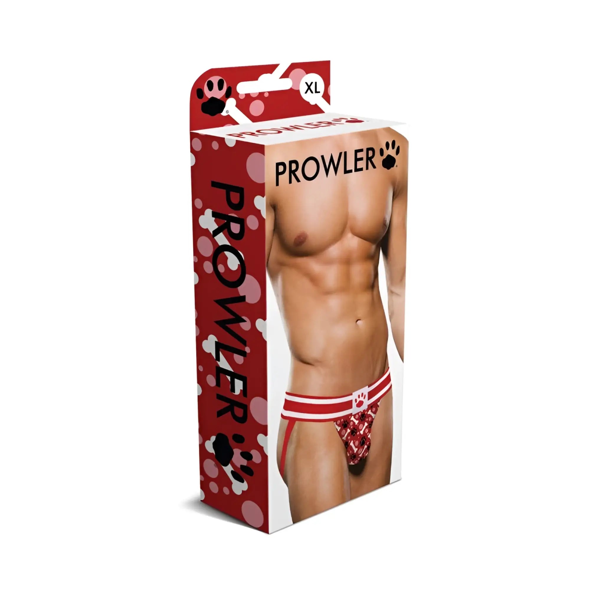Red and white patterned prowler brand mens briefs with paw print design in prowler red paw jock xl style
