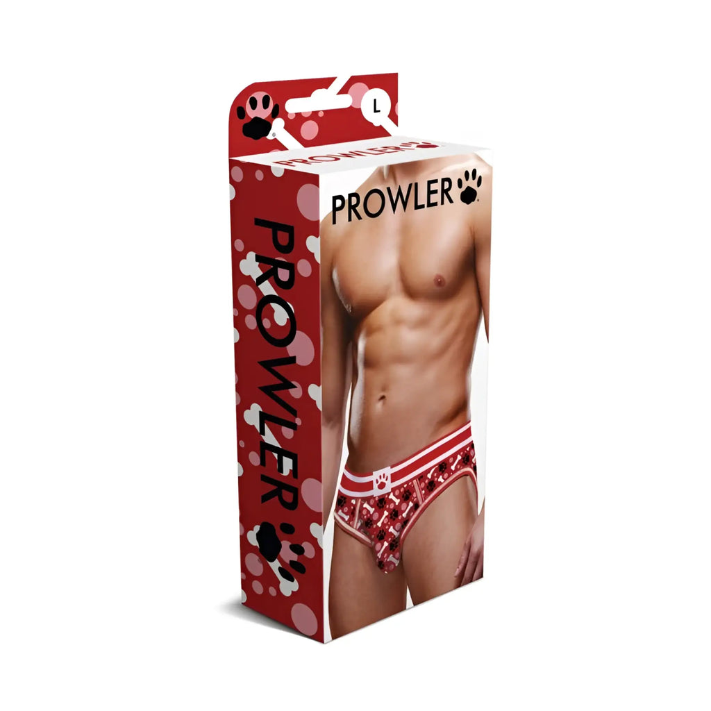 Prowler brand red and white patterned men’s open back briefs with paw print design shown from the back side