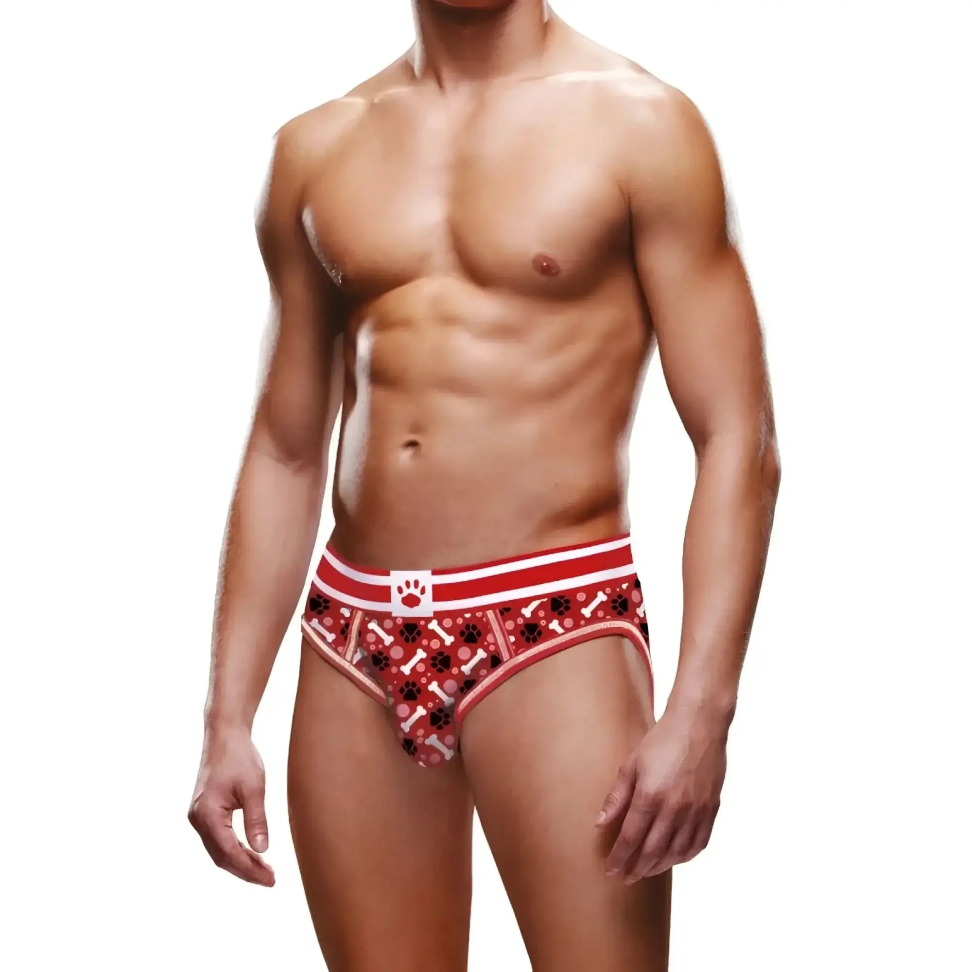 Prowler prowler red paw open back brief men’s red and white patterned briefs with black paw prints and bone motifs back view