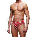 Red and white patterned men’s open back briefs with black paw prints and bone motifs prowler prowler red paw