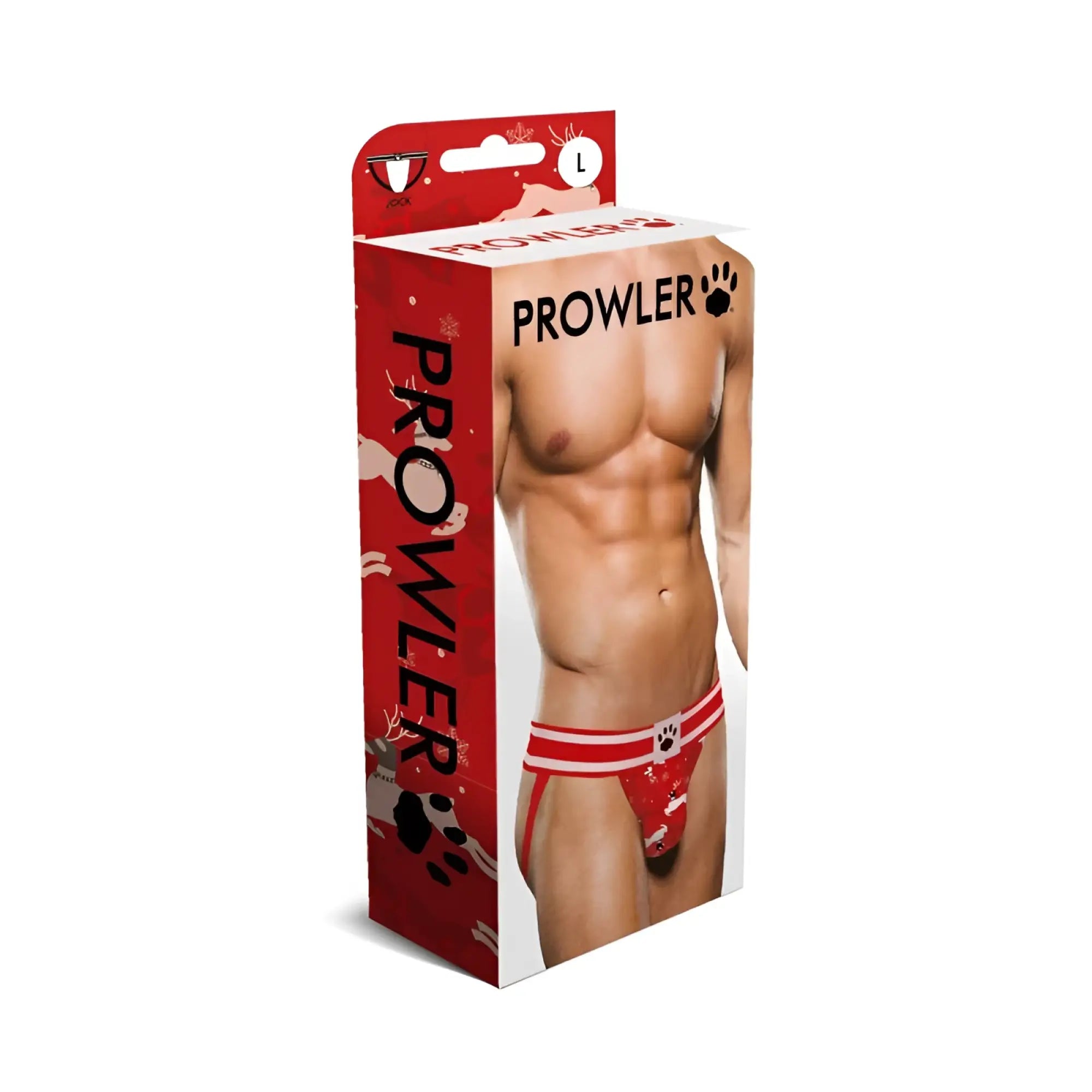 Red and white patterned prowler men’s briefs with paw print design from prowler reindeer jock L collection
