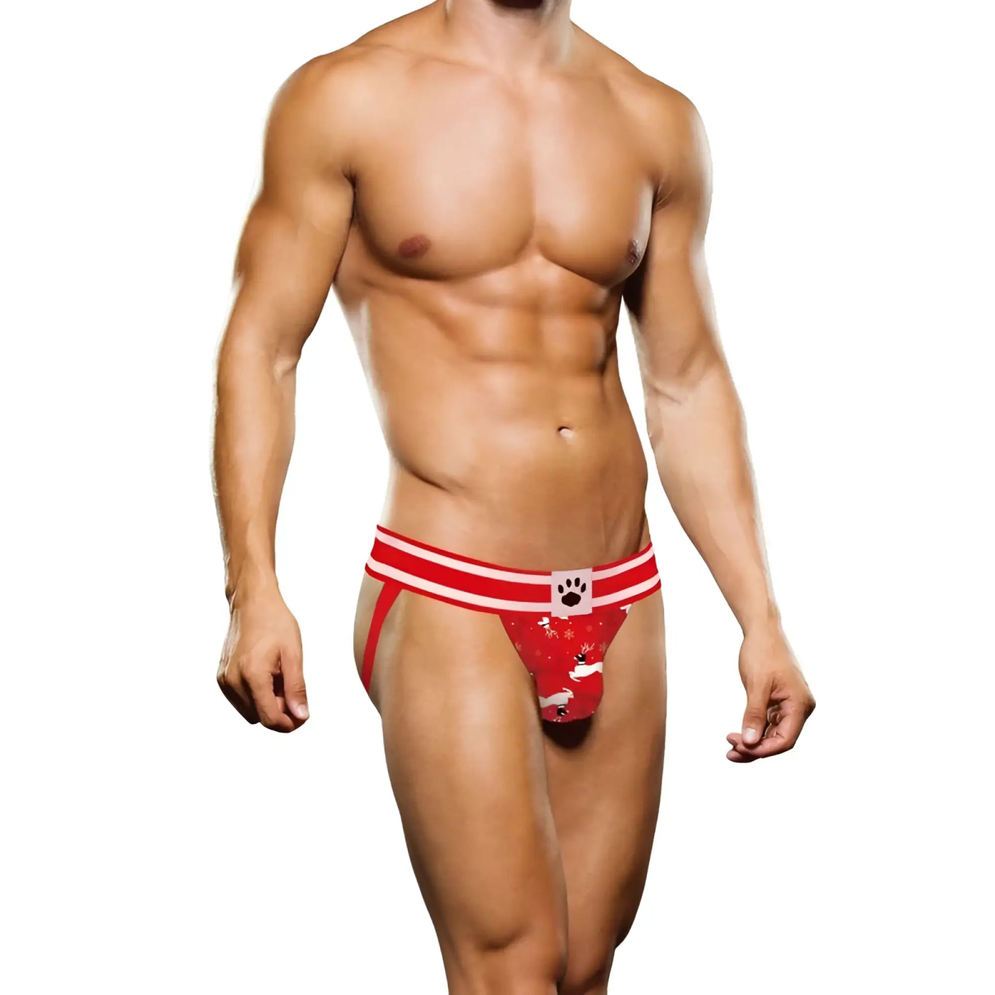 Red christmas-themed jockstrap with white stripes and a paw print logo on the waistband from Prowler Prowler Reindeer Jock S
