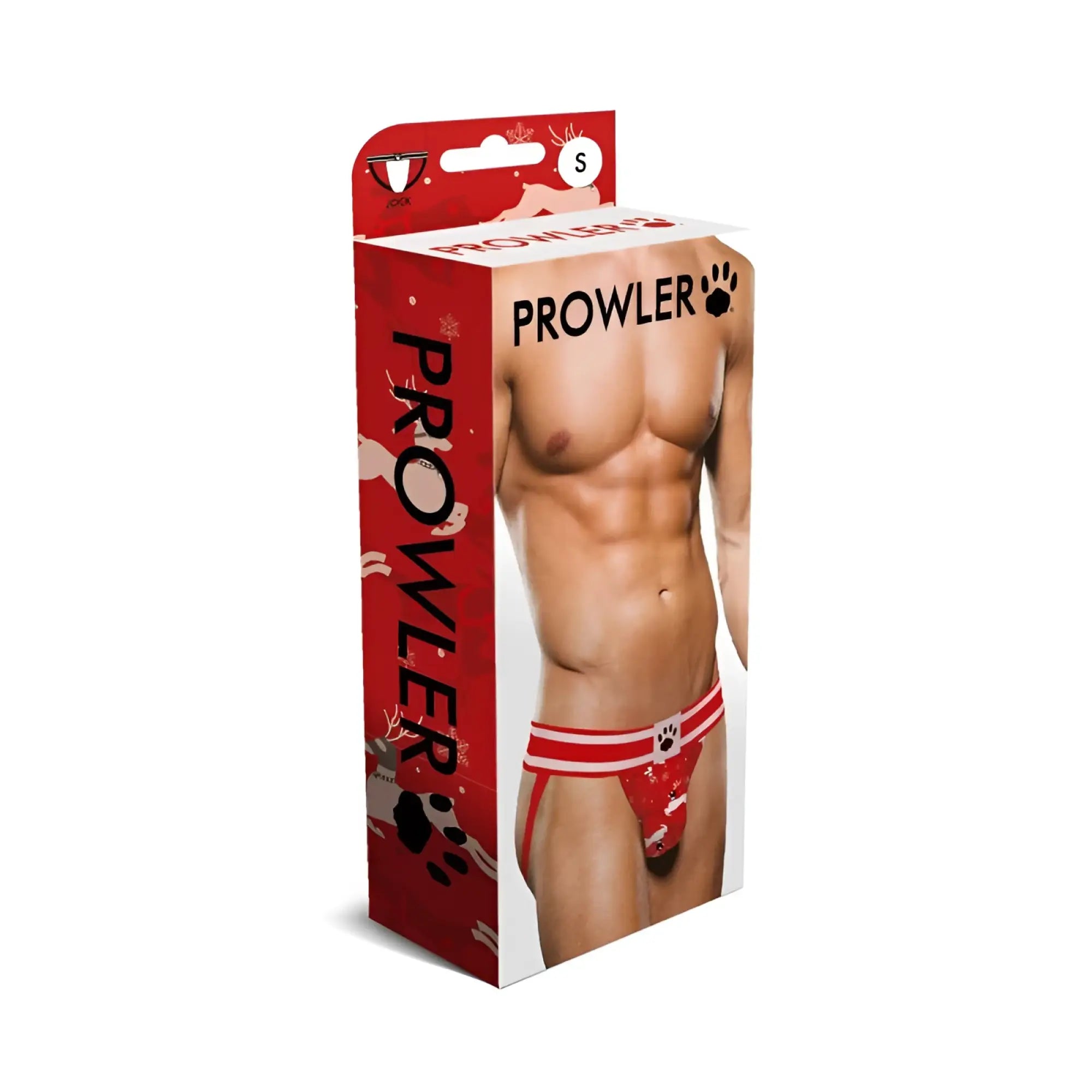 Red and white patterned prowler brand men’s briefs with paw print design from prowler reindeer jock s collection