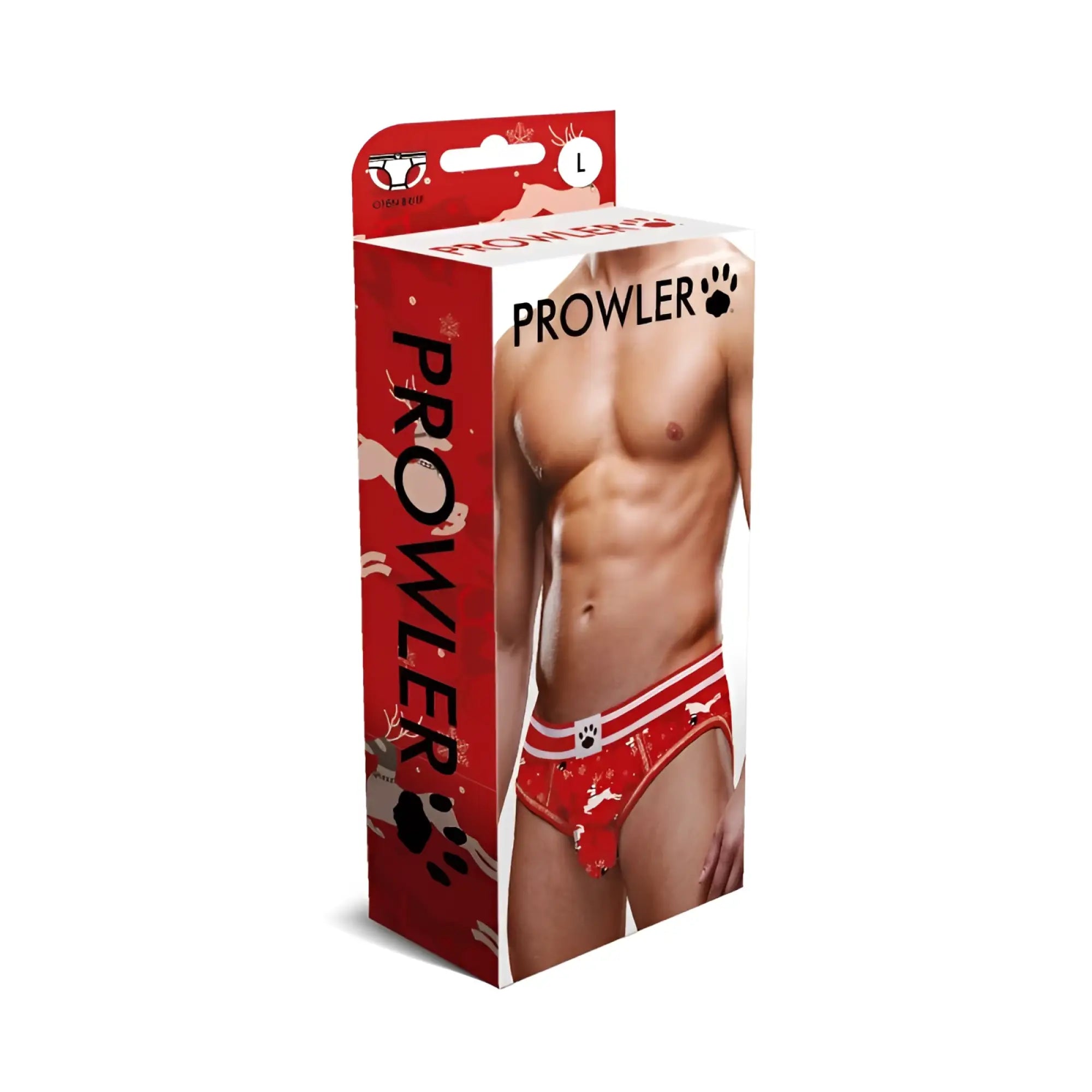 Red prowler men’s open back briefs with white trim and festive reindeer pattern on front and back sides
