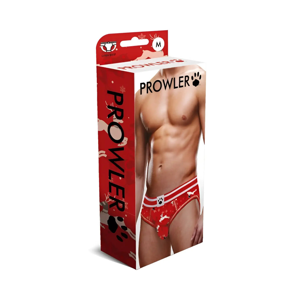 Red prowler men’s open back brief underwear with white trim and festive reindeer pattern in medium size