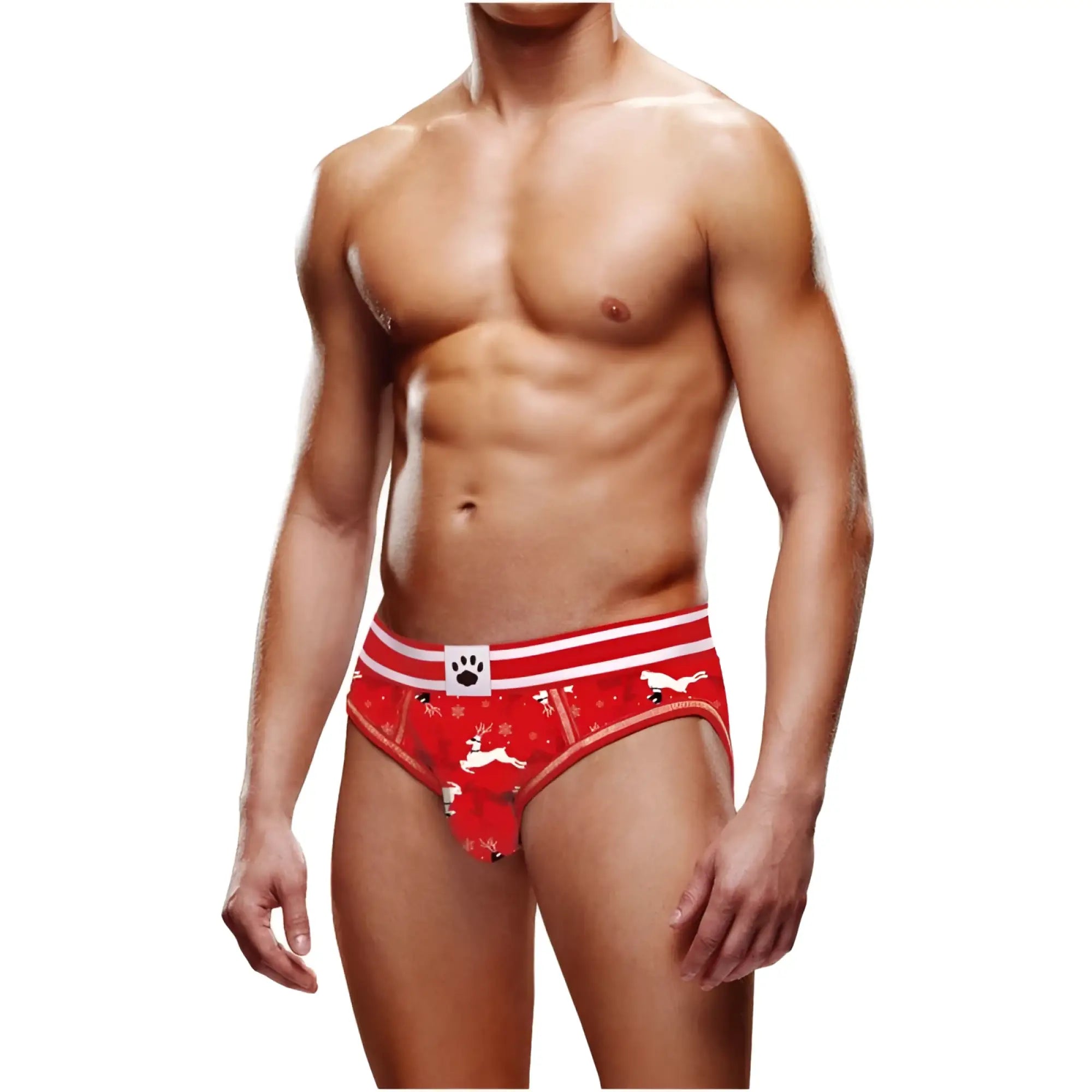 Red christmas-themed open back briefs xl with white reindeer snowflakes striped waistband and paw print logo