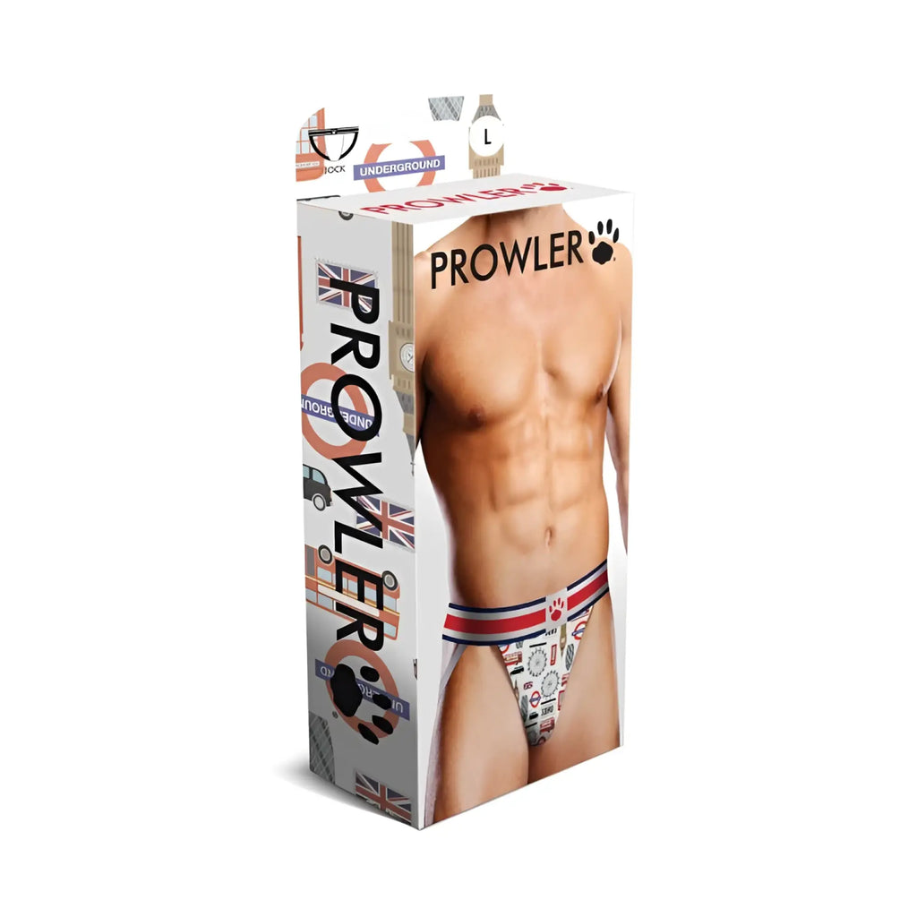 Prowler Soho jock men’s briefs with white base and red blue black London themed graphics front view